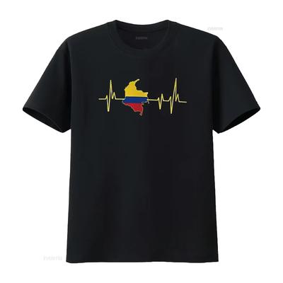 Męski T-shirt z wzorem tętna i flagą Kolumbii, czarny, vintage, spierany, wszechstronny, casualowy, rozciągliwy, ubrania dla grafików