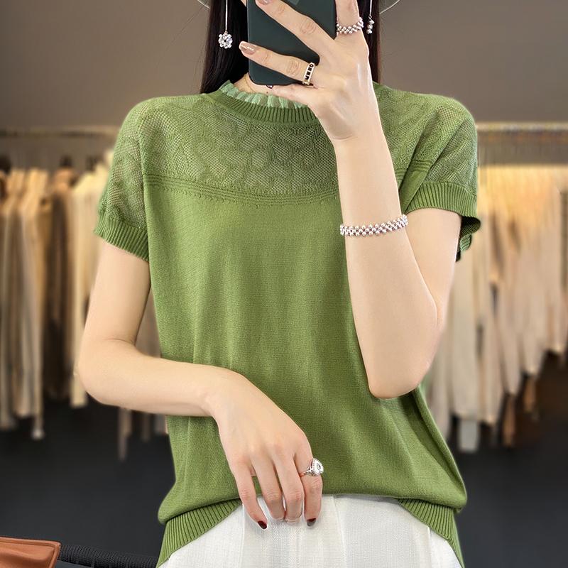 Tricou cu mânecă scurtă de vară pentru femei 50% amestec de mătase și poliester dud | Top casual ușor, respirabil, slim fit