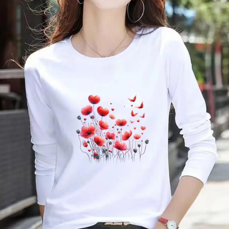 Women's Casual Heart Letter Print Long Sleeve Round Neck T-shirt for Spring & Autumn