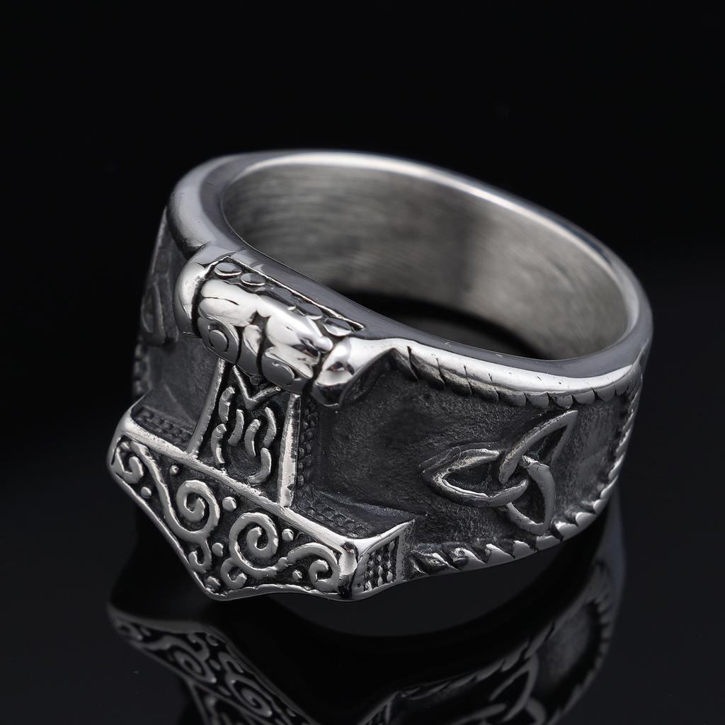 Viking Style Thor Hammer Knot Design Stainless Steel Fade Resistant Ring