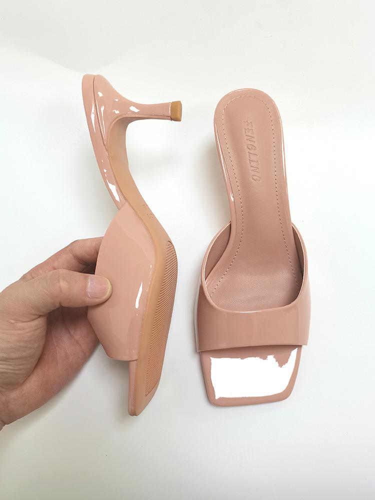 

Sheepskin version of high-heeled cool slippers women s summer versatile thin heels square toes sexy temperament wear one-word slippers 40