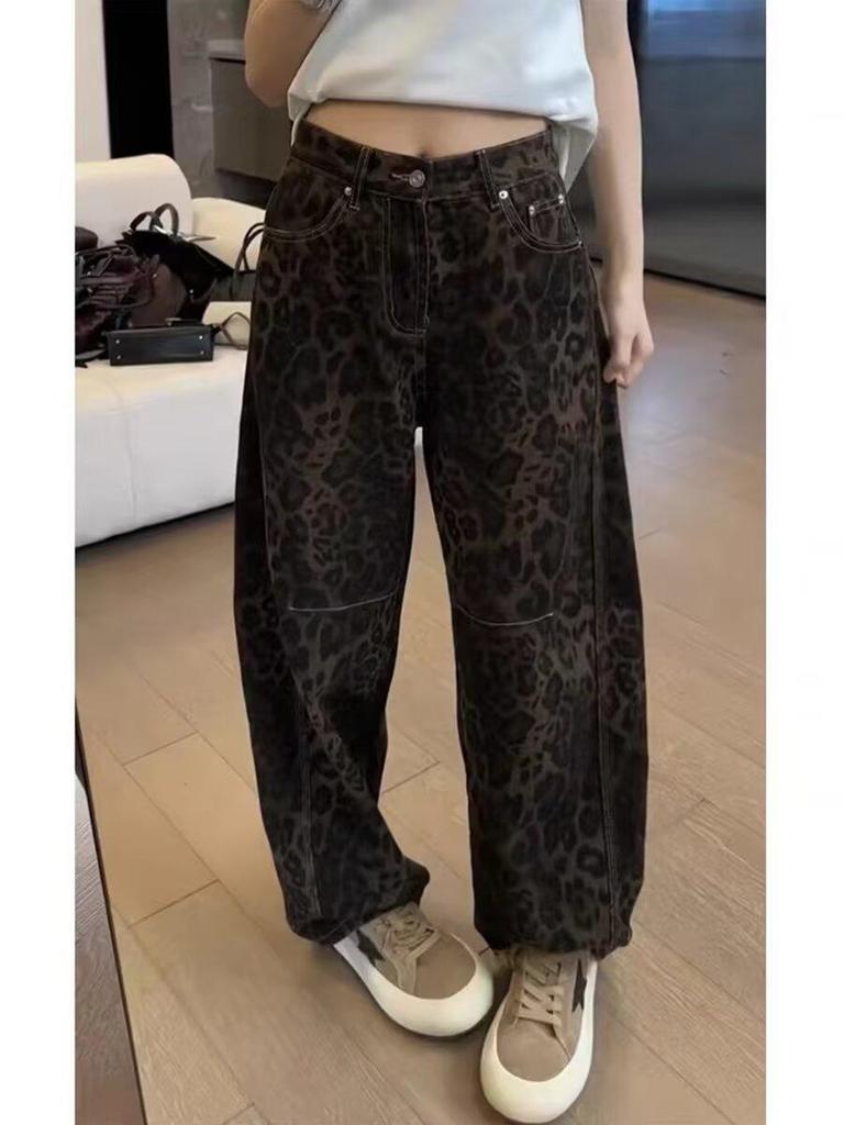 Spring 2025 Leopard Print High-Waist Straight-Leg Jeans for Women
