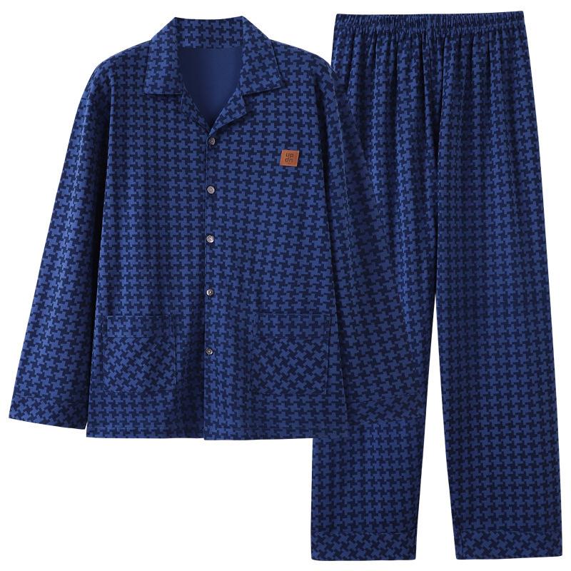 Herren Revers Strickjacke Baumwoll Pyjama Set - Frühling/Herbst, Lockere Passform, Langarm/Hose, Zweiteiliges Set