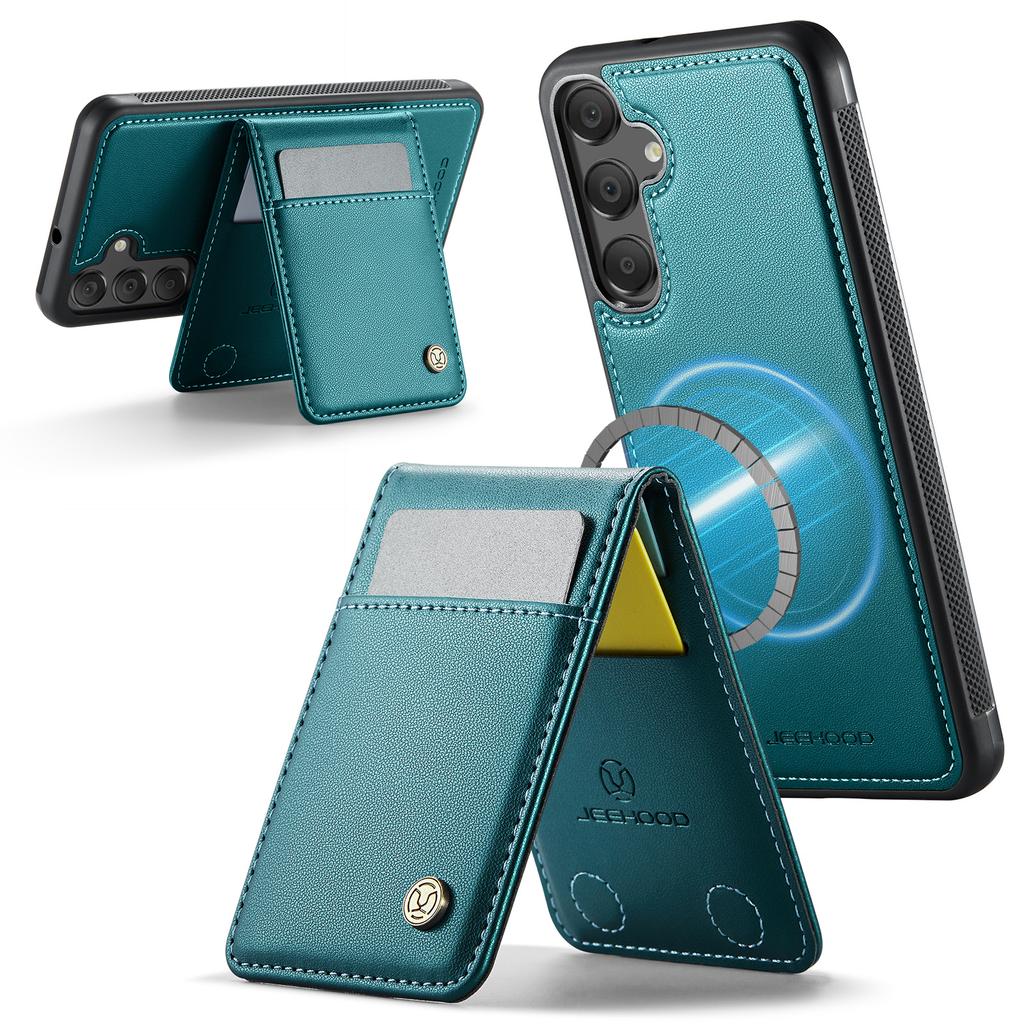 For Samsung Galaxy A15 5G/Galaxy A15 4G Leather Back Cover Compatible with MagSafe JEEHOOD J06 Phone Case with Card Bag RFID Blocking