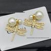 Elegant Dragonfly Insect Stud Earrings with Pearls & Diamonds for Women