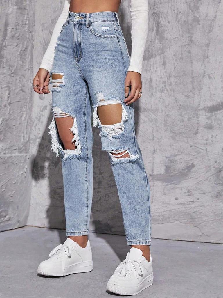 Jeans Donna a Vita Alta Strappati - Stile Streetwear Europeo & Americano Tendenze Gamba Larga