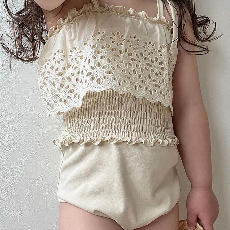 2025 Summer Korean Girls' Lace Trim Cutout Swimsuit