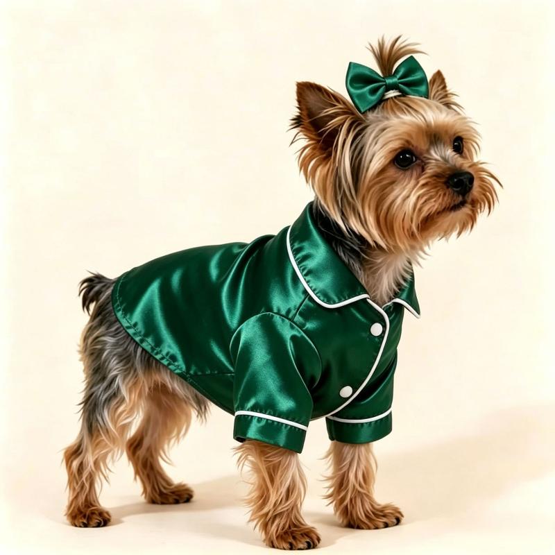 Satin Dog Pajama Set Cute Pet Sleepwear with Matching Bow Headband Soft Outfit for Tiny Puppy Kitten Indoor Wear