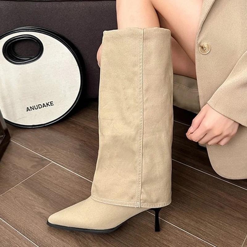 Chunk Leather High Boots Women Knee High Pointed Toe Heels Shoes Woman Trend Chelsea Boots New Pumps Snow Gladiator Botas Mujer