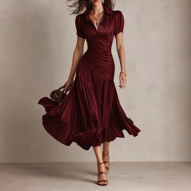 European and American new hot-selling retro striped satin pleated dress