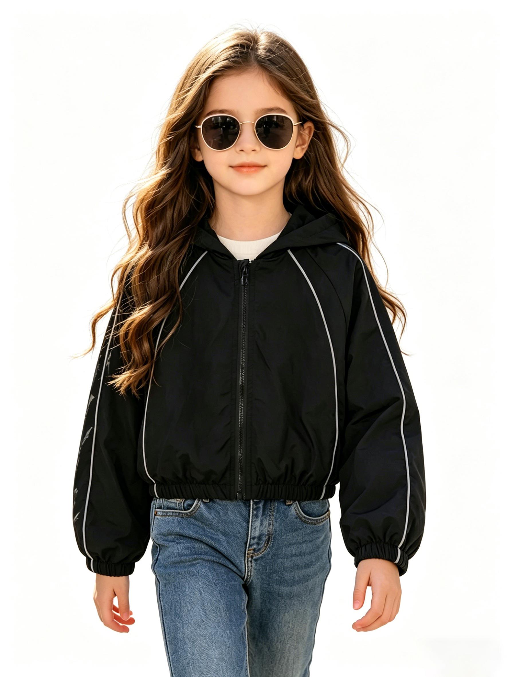 Girls 8-12Y All Season Casual Jacket, Raglan Long Sleeve Zip Up Short Coat with Reflective Stripe, Lightweight Outdoor Running Cycling Sportswear 8Y чёрный