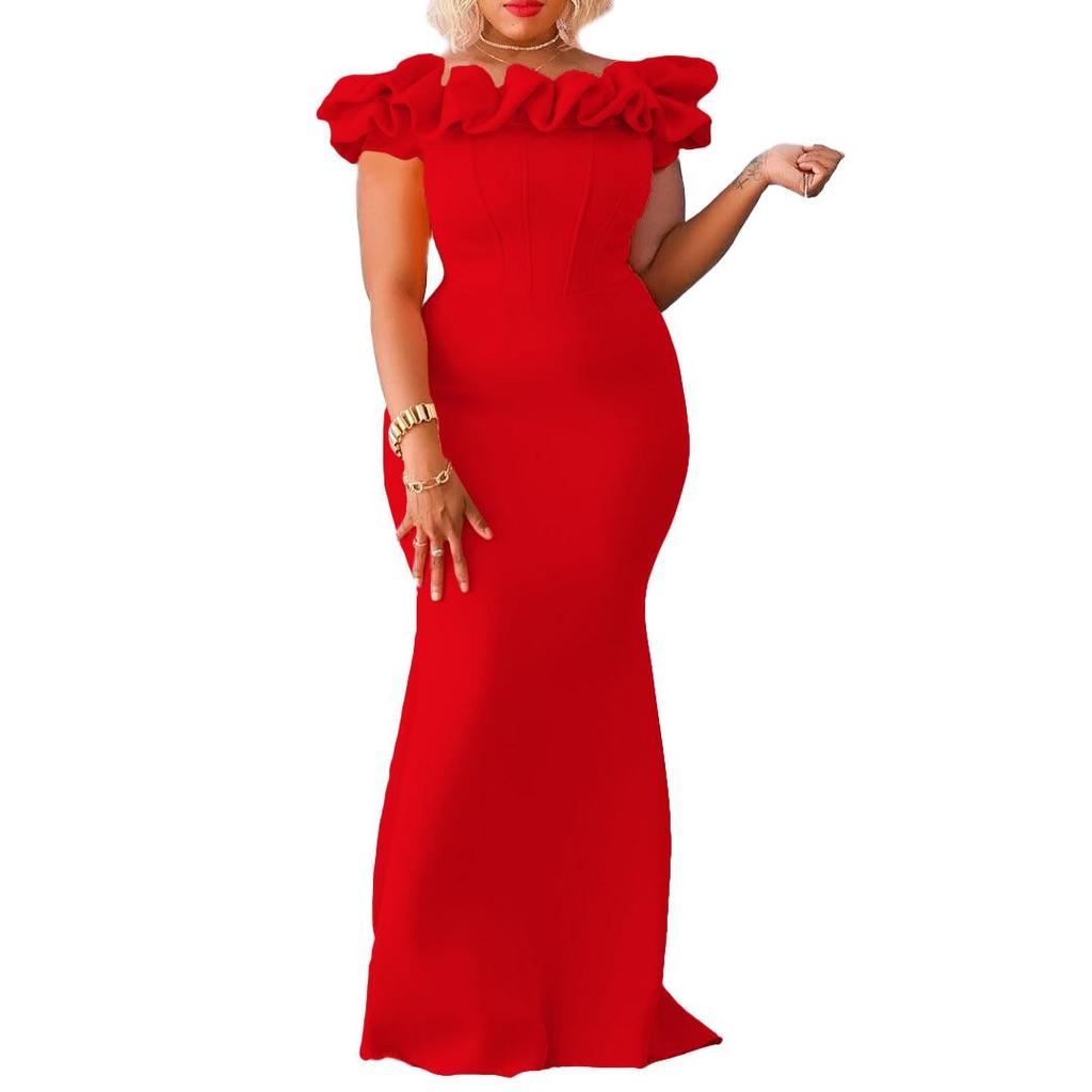 European & American Women's 2023 Solid Color Fishtail Skirt with Wood Ear Trim - Slim Evening Dress, African-Inspired Long Skirt