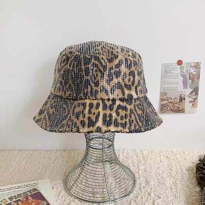 Retro Leopardenmuster Pailletten Bucket Hat Frühling und Herbst personalisierte Mütze Damen lässige vielseitige Fischerhut zeigt Gesicht kleine Bucket Hat