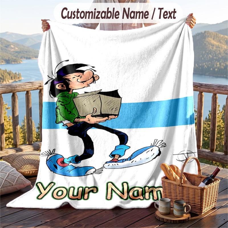 Custom Text Flannel Throw Blanket, Lightweight Cozy Bed Sofa BlanketGaston Lagaffe