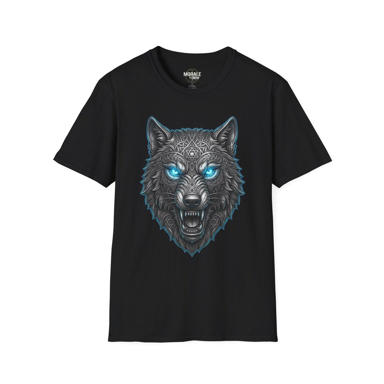Glowing Blue-Eyed Wolf Head T-Shirt Fierce Wolf Illustration 4XL