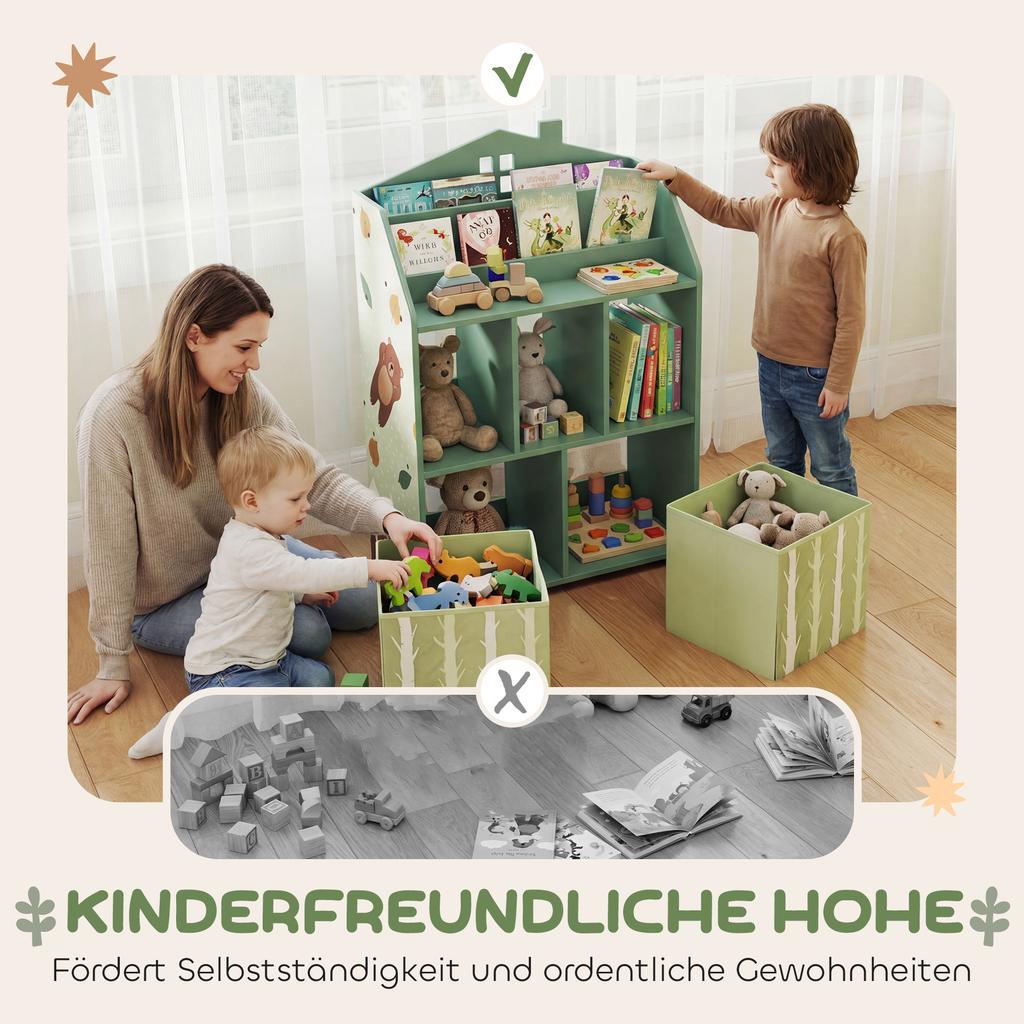 Kinderbücherregal mit Stauraum, Spielzeugaufbewahrungseinheit mit Buchpräsentation, Regale und Stoffschubladen für Spielzimmer Kinderzimmer, Grün