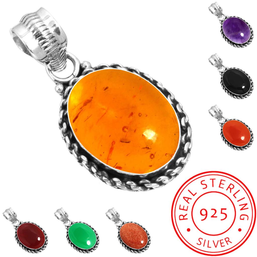 925 Sterling Silver Pendant Women Gemstone Handmade Jewelry Wedding Gift Amber Amethyst Black Onyx Carnelian Garnet Quartz Green Onyx Gold Stone