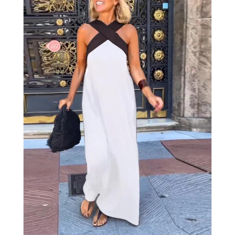 Summer Sleeveless Loose Casual Long Dress New Big Size Women A-line Cross Party Patchwork Dress Sweet Streetwear Sexy Clothing
