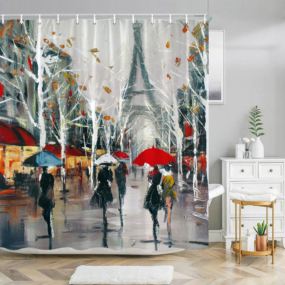 Paris Eiffel Tower Pink Shower Curtain Valentine's Day Flowers and Butterflies Polyester Washable Shower Curtains Bathroom Decor
