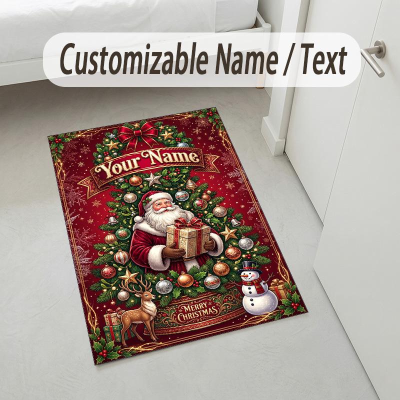 Christmas Theme Crystal Velvet Rug Personalized Custom Name Text Soft Floor Mat Home Decor