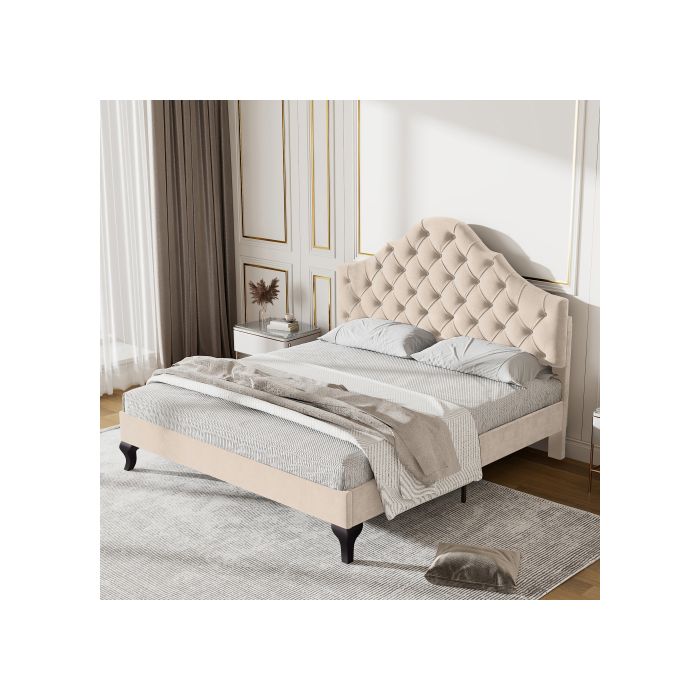 Lit Tapissé - MUVOE - 140x190 Cm - Velours Beige - Tête De Lit Réglable - Sommier À Lattes