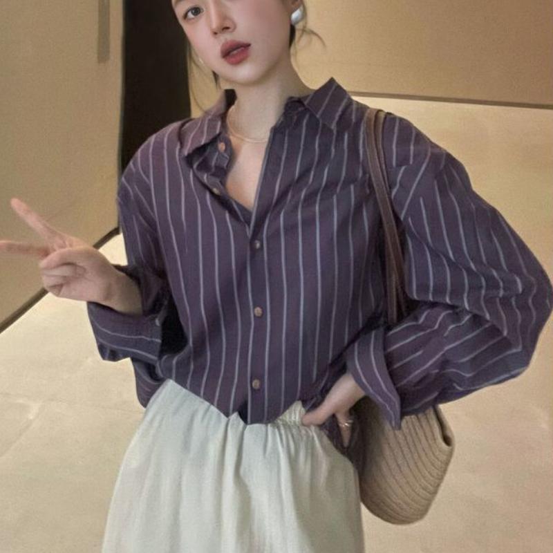 

Фиолетовая полосатая рубашка с длинными рукавами для женщин, новые свободные повседневные рубашки, корейские винтажные женские топы на весну/лето XXL