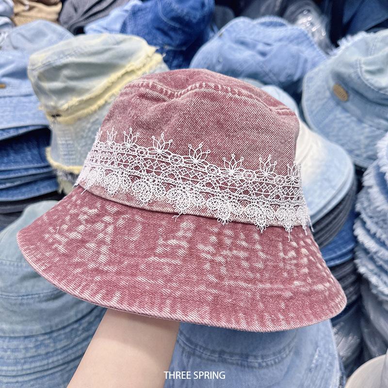 Washed Denim Hat Women Spring Summer Bucket Hat Sunshade Wide Brim Lace Design Retro Flat Top Bucket Cap Casual Foldable New