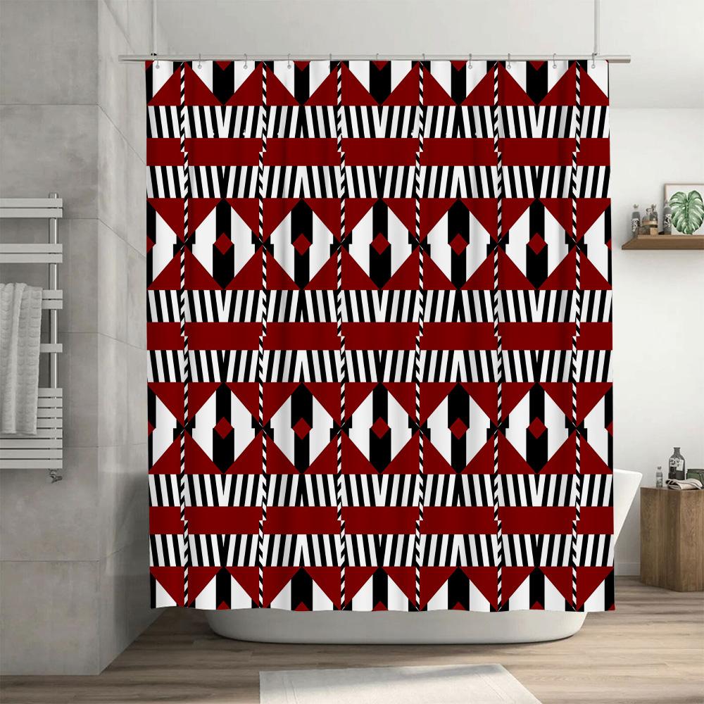 Modern Red White Geometric Shower Curtain Set Striped Bath Decor Water-Resistant Fabric Perfect For Bathroom Multiple Sizes Avai