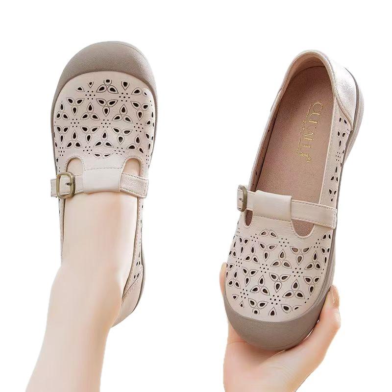 Summer new round head hollow breathable hole shoes soft leather muffin sole comfortable shoes sandals women