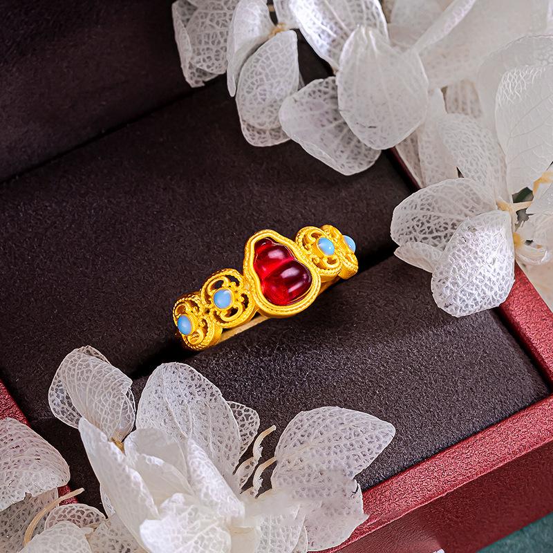 24K Sand Gold Resin Gourd-Shaped Open Ring, High-End New Chinese Retro Charm Jewelry.