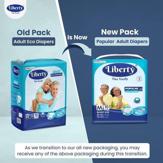 Liberty Popular Adult Diapers, Tape Style, Medium (M) Size, 10 Count, Waist Size (76-101cm | 30-40 inches), Unisex, Pack of 1