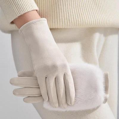 Women'S Autumn And Winter Rabbit Fur Gloves Plus Velvet Thickened Windproof And Warm Riding Cold-Proof Touch Screen Suede Gloves