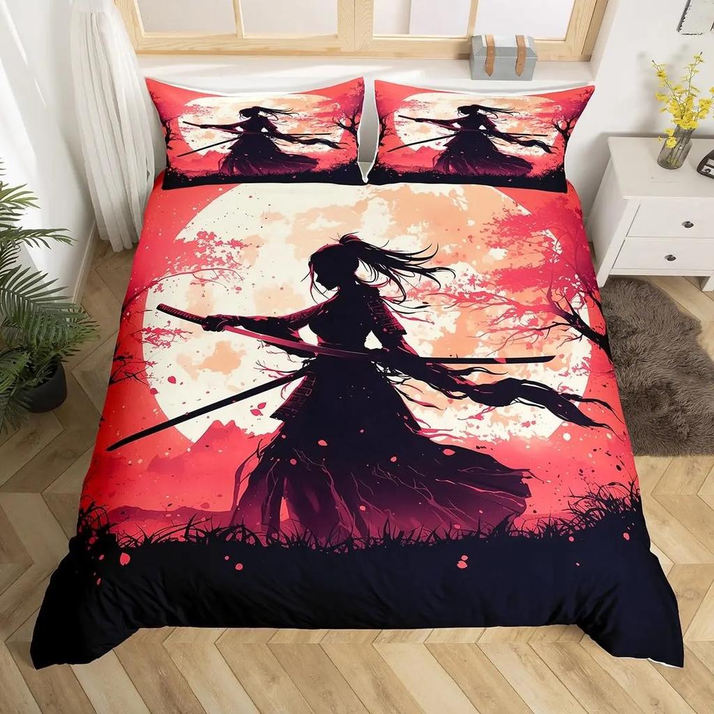 Japanese Samurai Bedding Set Full Size Cherry Blossoms Comforter Cover Red Sun Hokusai Duvet Cover Fuji Mountain Quilt Cover