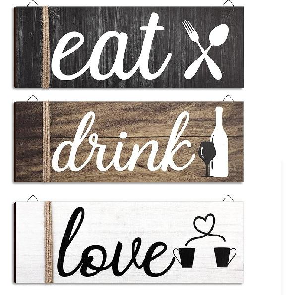 Jetec 3 Pcs Farmhouse Kitchen Wall Decor Rustic Wooden Home Eat Drink Love Sign with Hanging Hole for Home Dining Living Room Bar Cafe Decor(Vivid