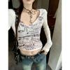 Sexy Letter Print T-shirts Women Korean  Crop Mesh Tops Long Sleeve V-neck Tees Female Streetwear Harajuku Aesthetic
