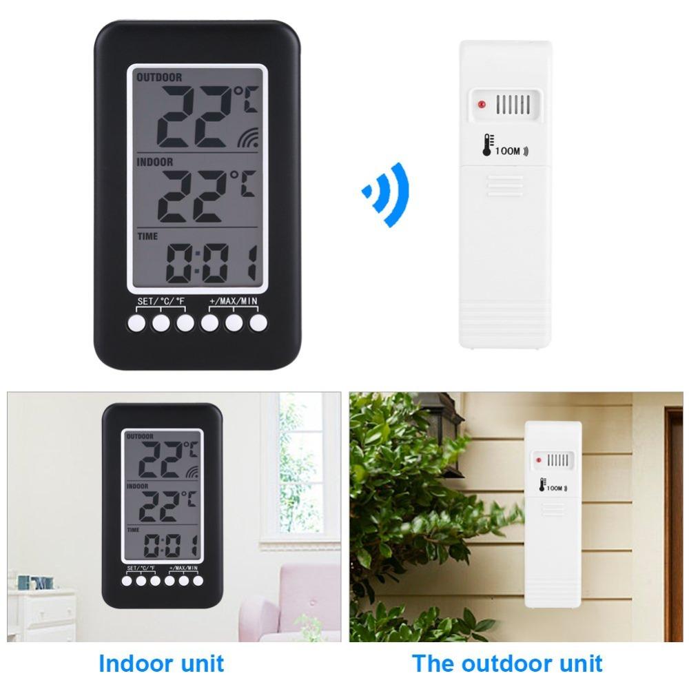 Indoor Outdoor Thermometer LCD Thermo Meter with Clock Wireless Temperature Room Therm Ometer Digital Ther Mometer for Home Office Bedroom