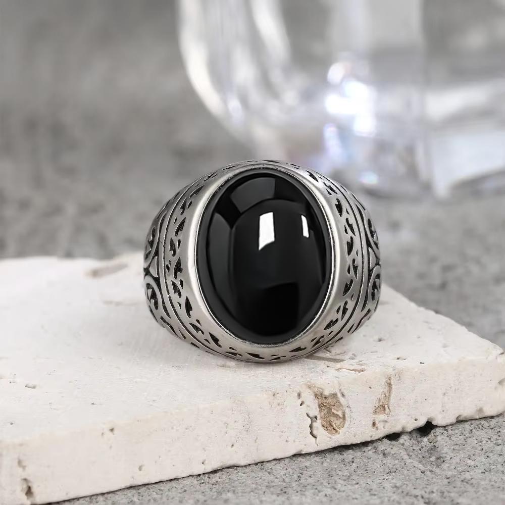 Vintage Sterling Silver 925 Ring with Large Natural Black Onyx Stone 10*14MM Oval Shape Fine Party Jewelry for Men.