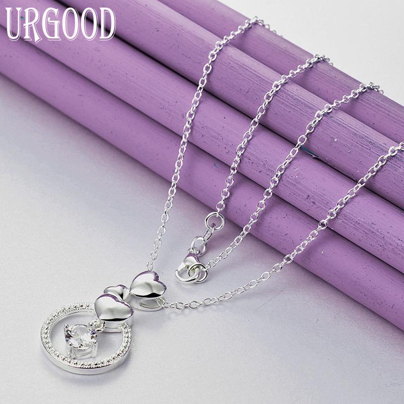 925 Sterling Silver Round Zircon with Heart-shaped Pendant Necklace, Wedding Fashion Jewelry