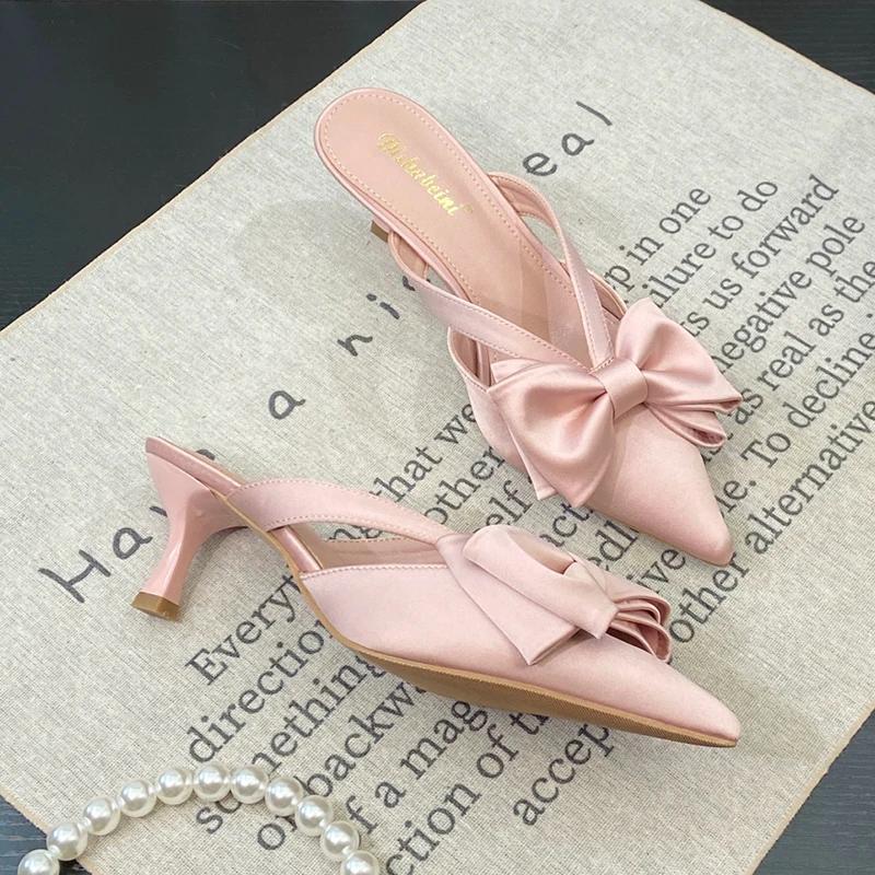 Bow Heeled Slippers Women's Pointed Toe Sandals Elegant Mules Shoes 2025 Summer Party Pumps Flip Flops Dress Sandalias De Mujer