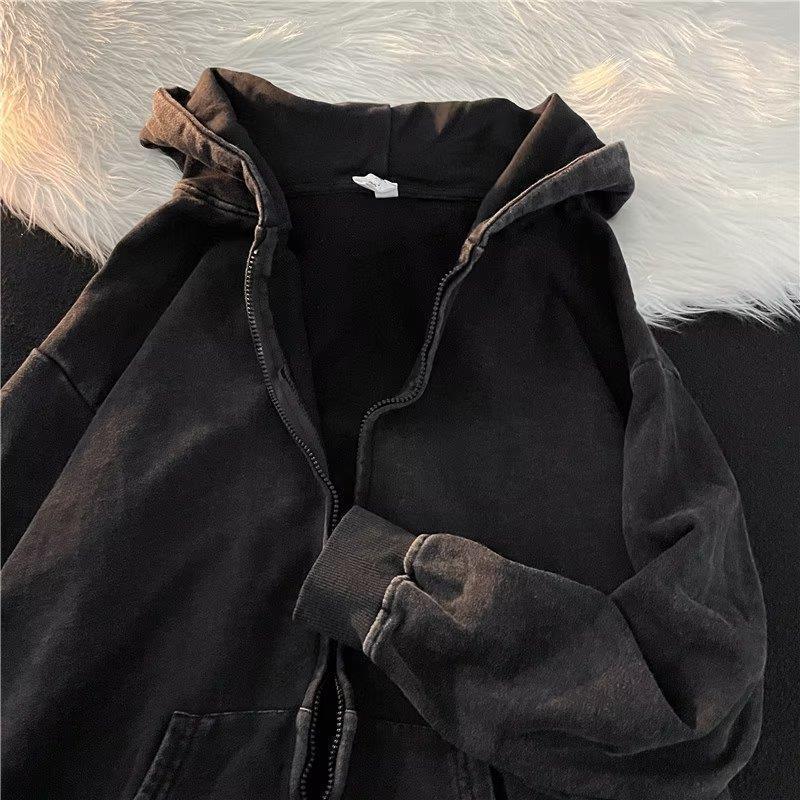 Retro Washed Distressed Men's Hooded Sweater Cardigan - Japanese Casual Spring/Autumn Style