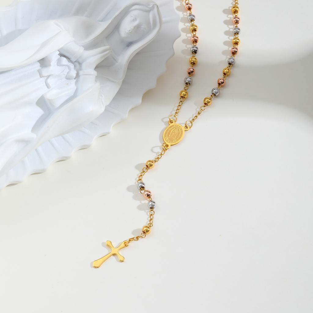 Vnox Long Rosary Necklace Accesorios Stainless Steel Virgin Mary Oval Bar With Cross Pendant Fashion Jewelry