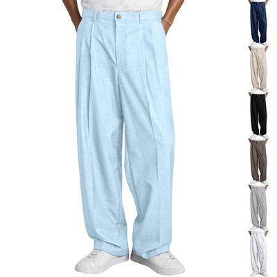 Men's Cotton Linen Summer Beach Pants Elastic Waist Trousers Lightweight Casual Outdoor Baggy Pants With Pockets
