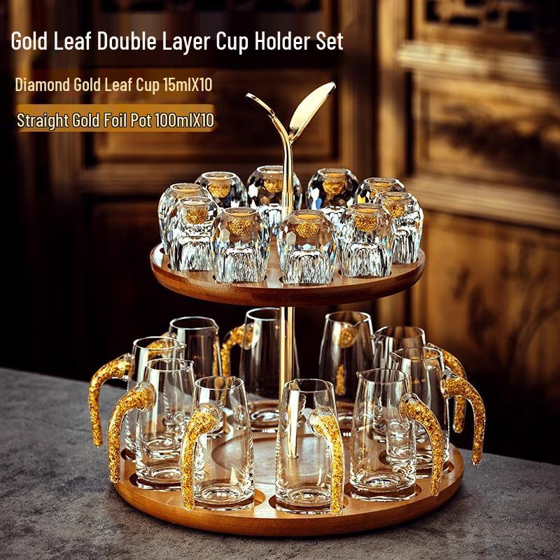 Gold Leaf Facet Wine Glass Set: High-Grade Crystal Decanter & Holder for Home or Gift Use