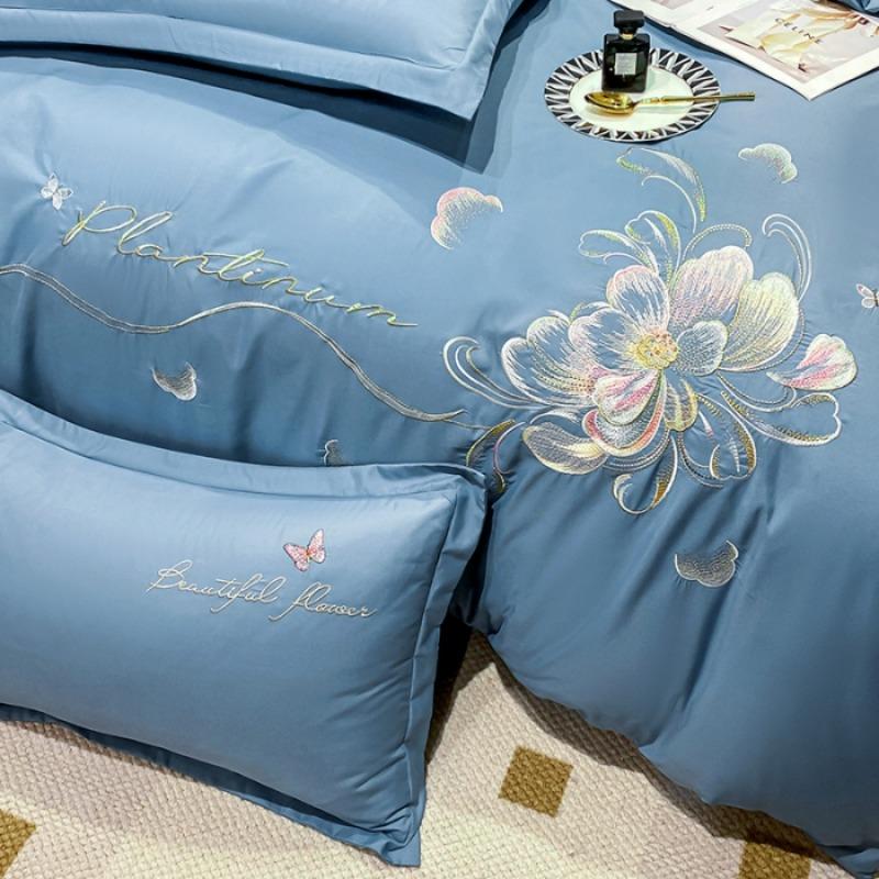 New High-end Embroidery Four Piece Set Solid Color Elegant Cotton Skin Friendly Brushed Bedding Four Piece Set Bed Sheet Set