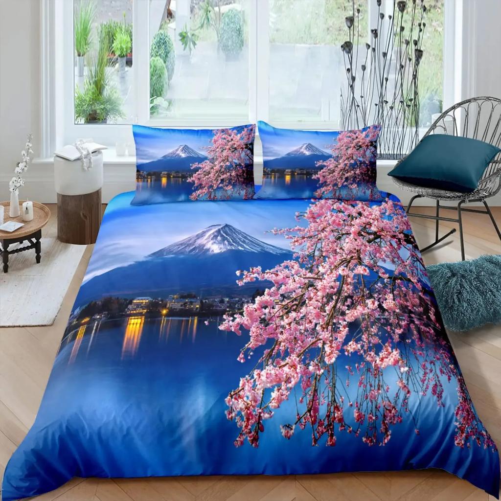 Japan Mount Fuji Duvet Cover Set Cherry Comforter Cover Retro Tower Bedding Set Japanese Ukiyo-E Bedspread Cover Full Queen Size