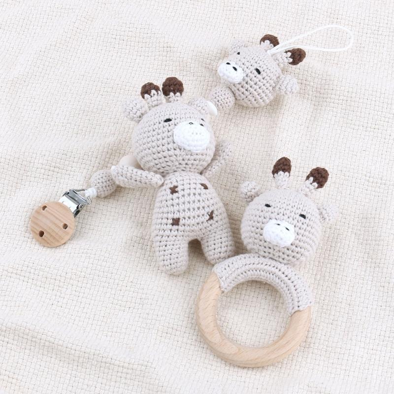 Dětský dřevěný bavlněný řetízek na dudlík Háčkované zvířátko jelen Zvonek Ekologický klip na dudlík Kousací náramek pro novorozence