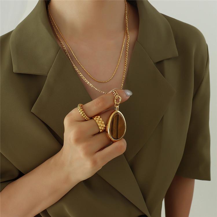 Manufacture Women'S Fashion Minimalist Jewelry Natural Tiger Eye Stone Double Layer Necklace for Sweater Chain Accessories