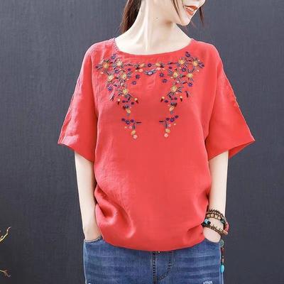 Round Neck Embroidered Ethnic Top Women's Short-sleeved Summer New Loose Retro T-shirt