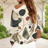Women Plus Size Beige Brown Geometric Printed V Neck Half Zip Long Sleeve Sweatshirt