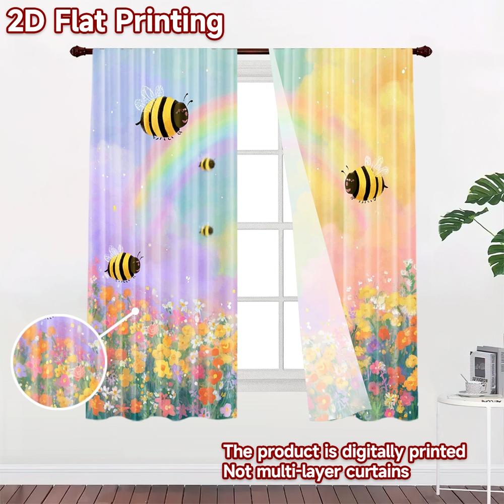 2D Flat Printing 2pcs Curtains Cute Bee Rainbow Flowers Digital Printed Polyester Drapes Family Party Use for New Year and